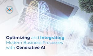A picture of someone typing or using their PC, with a graphic of a brain symbolizing AI, suggesting that the technology that person is using is powered by AI.